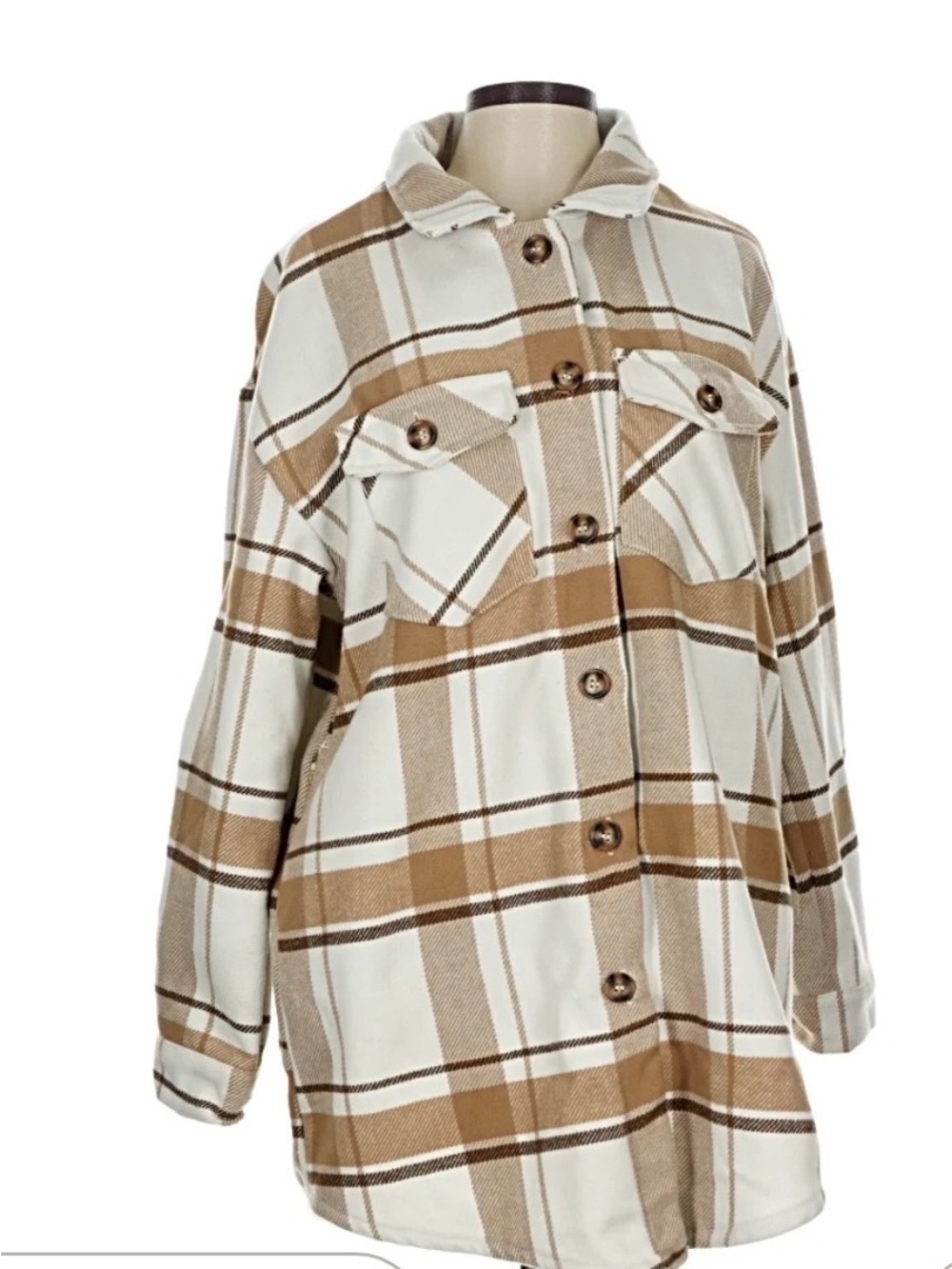 Women’s Plaid Shacket Jacket - Cream & Tan large